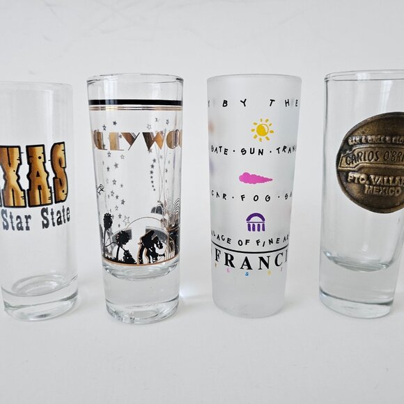 4 Shot Glasses 4" Tall - Texas, Hollywood, San Francisco, Puerto Vallarta Mexico - Picture 1 of 6